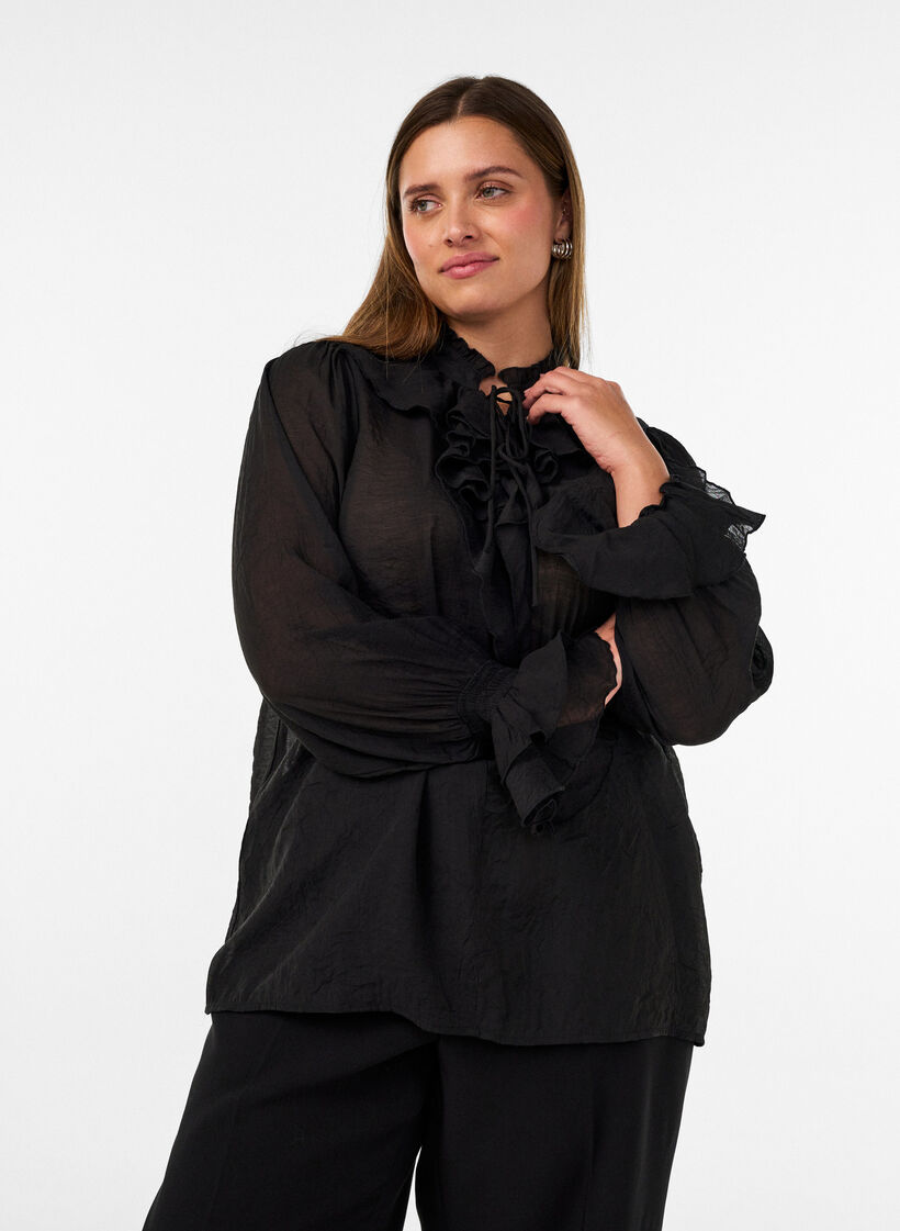 Wiskozowa bluzka z falbankami i dlugim rekawem, Czarne, Model image number 0