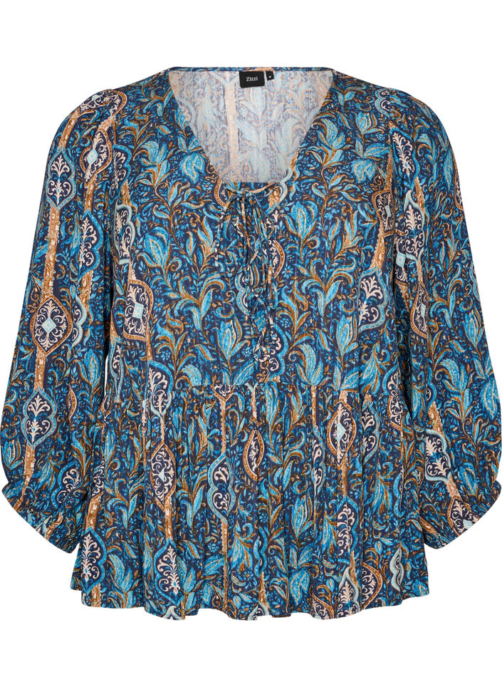 Bluzka z nadrukiem w stylu paisley i koronkowym detalem, Niebieskie, Packshot image number 0