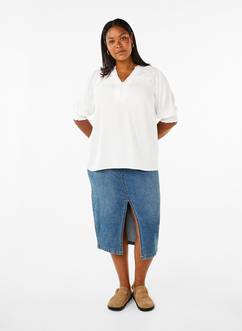 Wiskozowa bluzka z marszczeniem i falbanka, Bright White, Model image number 2