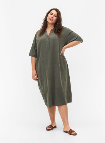 Flash - Bawelniana sukienka midi z krótkim rekawem, Balsam Green, Model image number 0