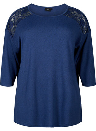 Bluzka z rekawami 3/4 i koronkowym detalem, Medieval Blue Mel., Packshot image number 0