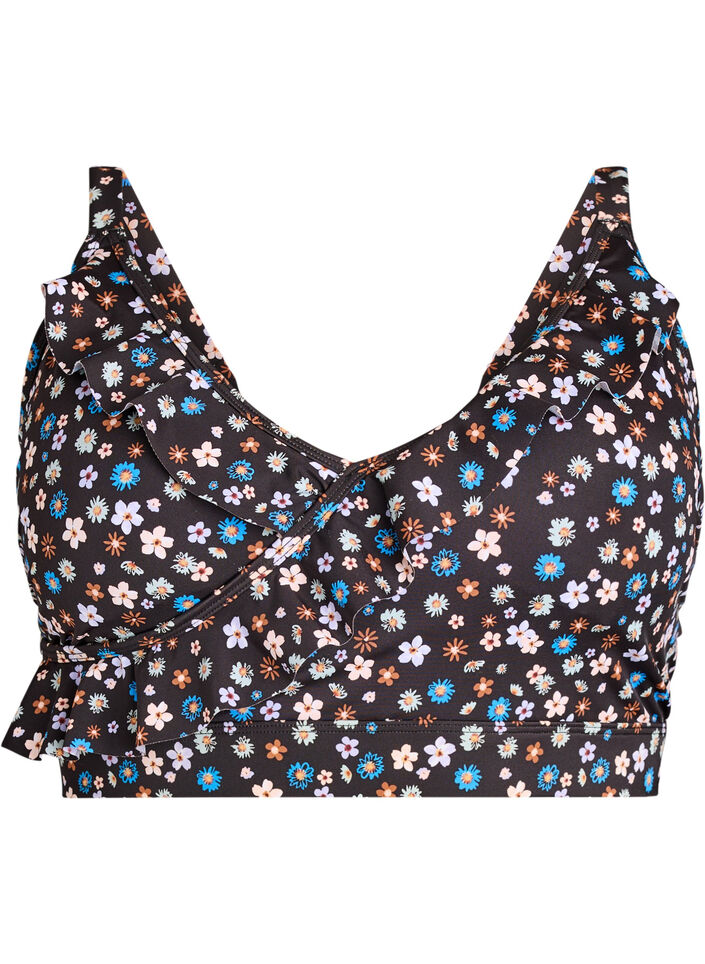 Kwiatowy stanik bikini z falbankami, Brązowy, Packshot image number 0