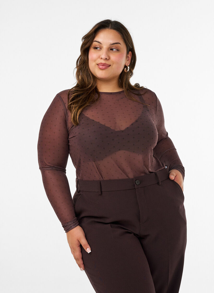 Bluzka siatkowa z nadrukiem, Brązowy, Model image number 0