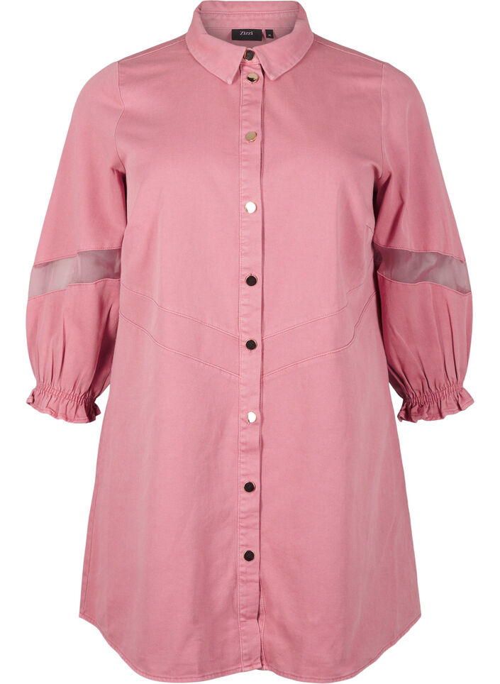 Kolorowa dzinsowa sukienka koszulowa z detalami z siateczki, Heather Rose, Packshot image number 0