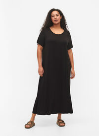 Wiskozowa sukienka midi z krótkim rekawem, Black, Model