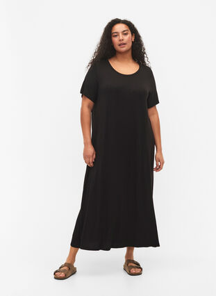 Wiskozowa sukienka midi z krótkim rekawem, Black, Model image number 0