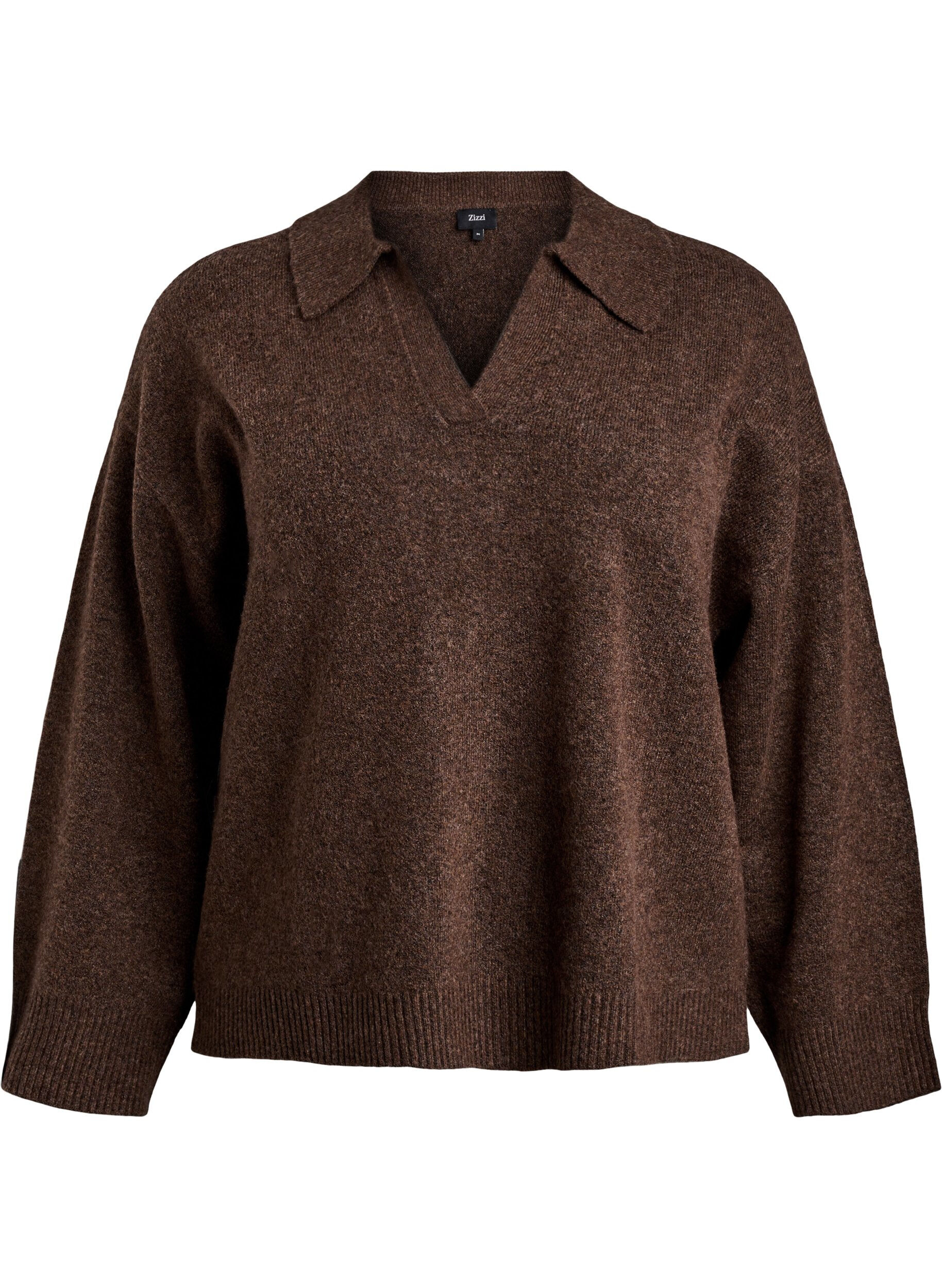 Dzianinowa bluzka z kolnierzykiem i dekoltem w ksztalcie litery V