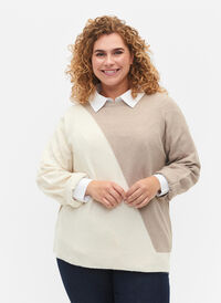Dzianinowa bluzka z okraglym dekoltem i blokami kolorów, Simply Taupe Comb, Model
