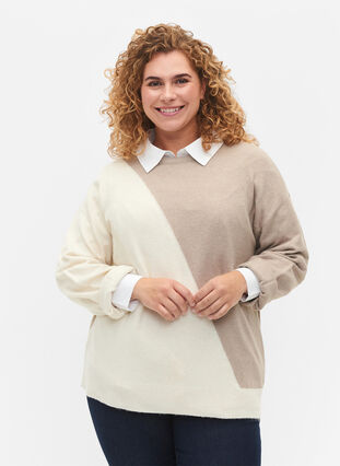 Dzianinowa bluzka z okraglym dekoltem i blokami kolorów, Simply Taupe Comb, Model image number 0