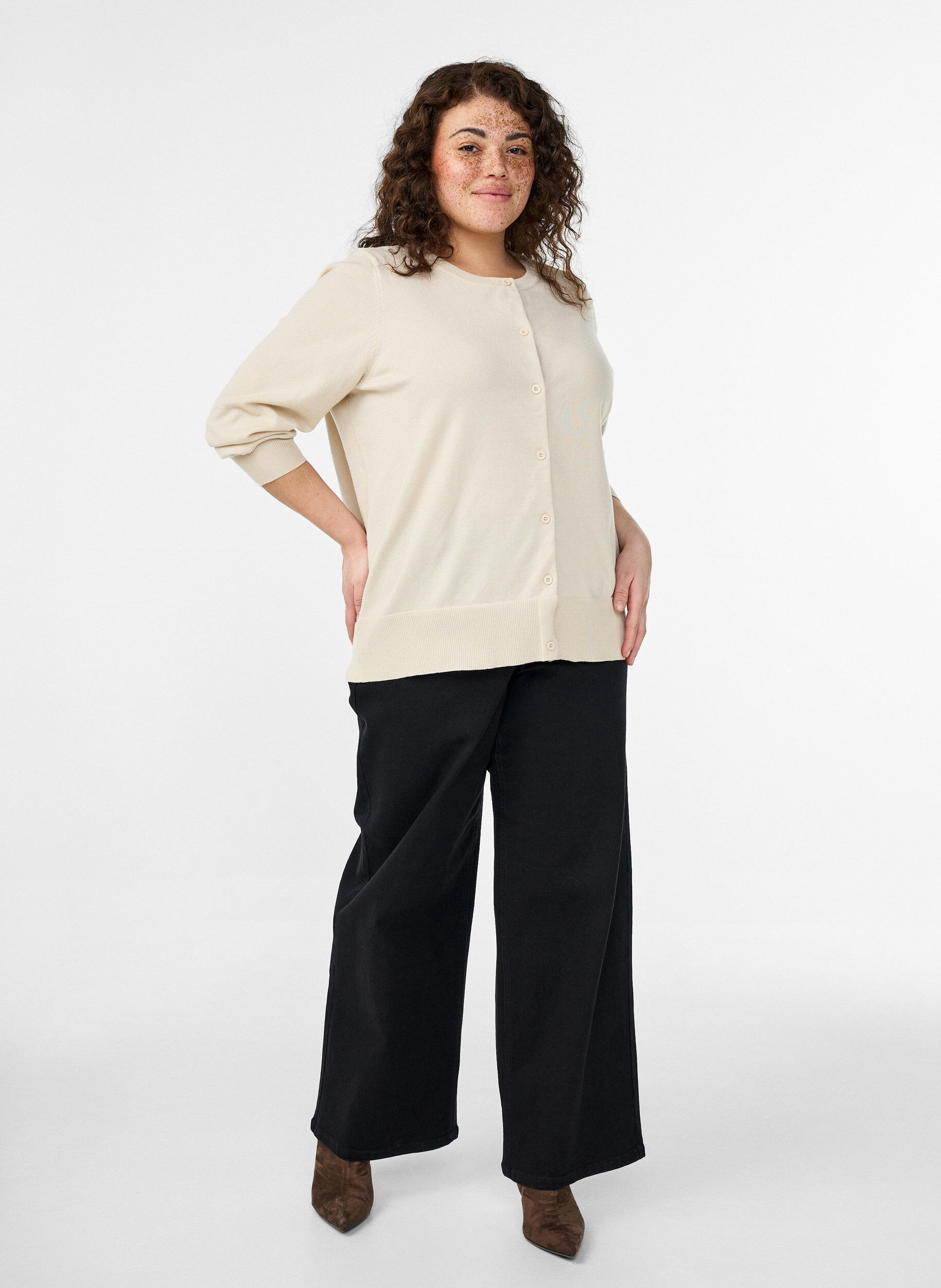 Zizzi Kardigan z drobnym splotem i okraglym dekoltem, Beżowy, Model image number 1