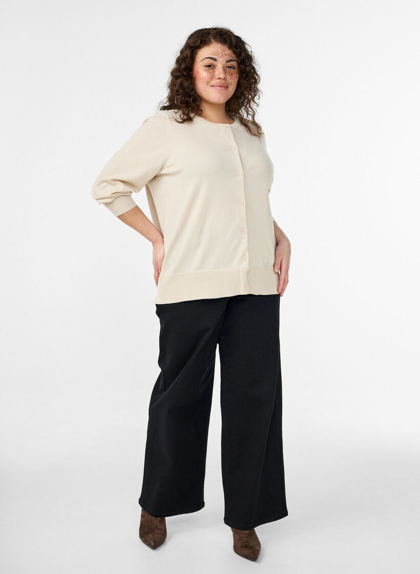 Kardigan z drobnym splotem i okraglym dekoltem, Beżowy, Model image number 1