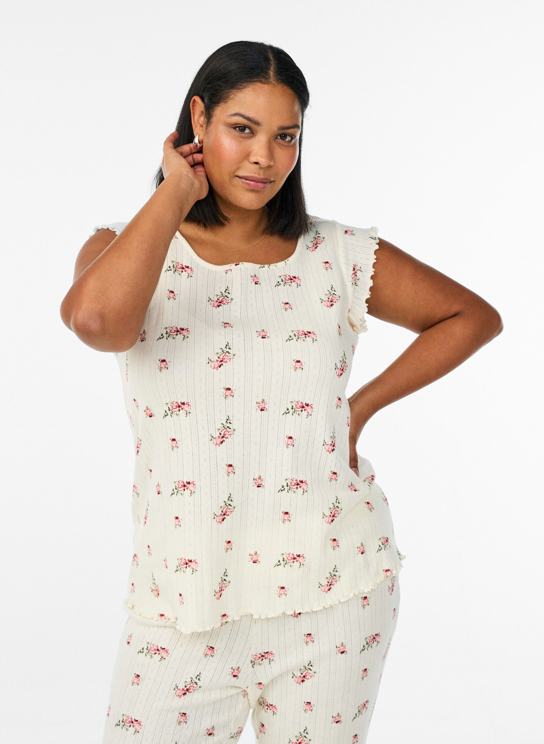 Bawelna organiczna pizamowa bluzka z rekawami typu cap, Biały, Model