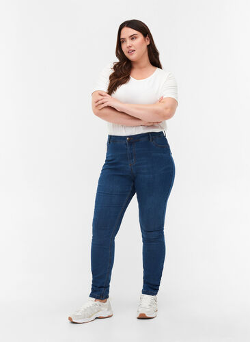 Mocno dopasowane jeansy Amy z wysokim stanem, Blue d. washed, Model image number 0