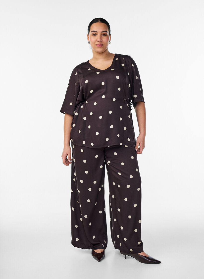 Bluzka z wiskozy Polka dot z dekoltem w ksztalcie litery V i wiazaniami, Brązowy, Model image number 1