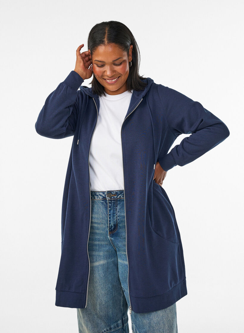 Dluga bluza z kapturem, zamkiem blyskawicznym i kieszeniami, Niebieskie, Model image number 0