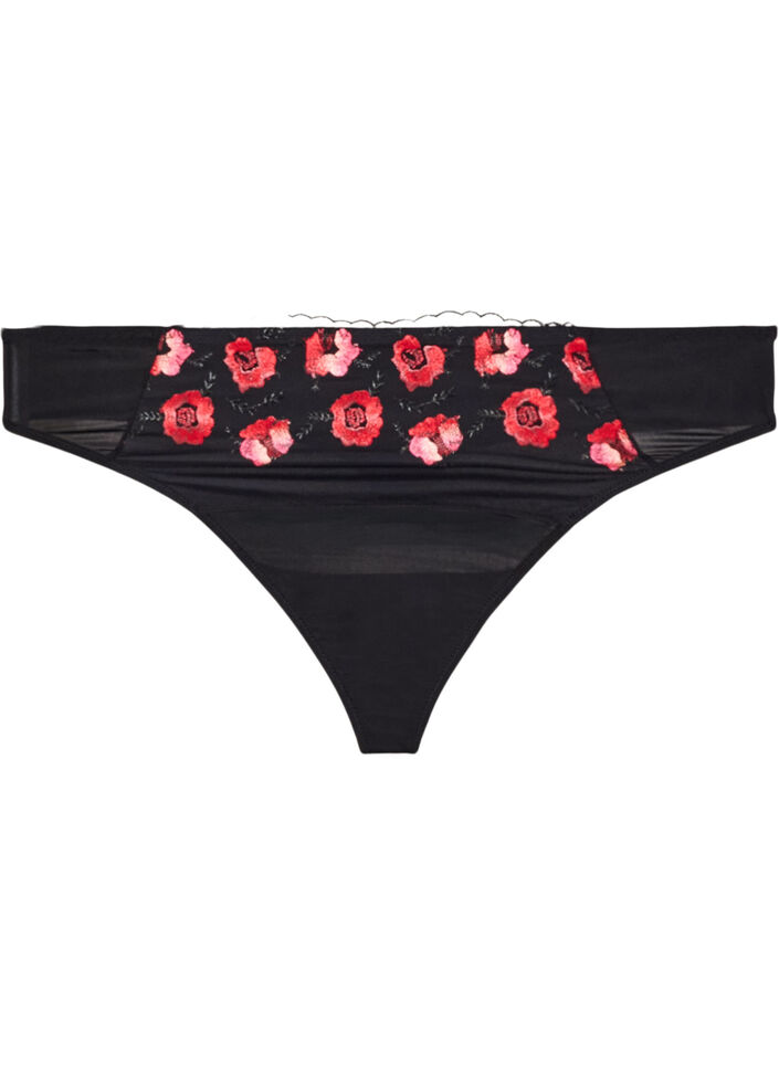 Stringi z mikrofibry z kwiatowym haftem, Czarne, Packshot image number 0