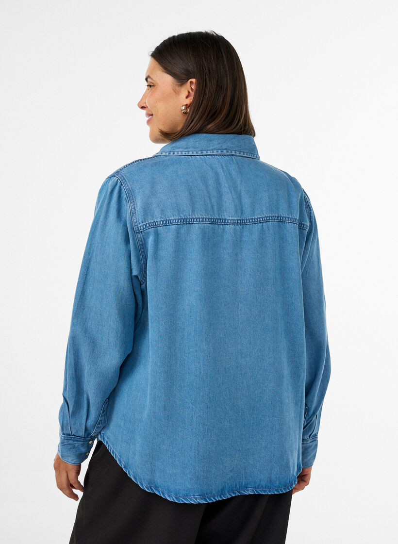 Koszula z denimu z lyocellu zapinana na zatrzaski, Niebieskie, Model image number 2