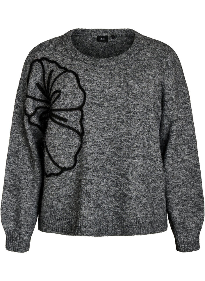 Sweter z aplikacja kwiatowa, Szary, Packshot image number 0