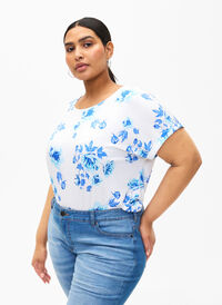 Kwiatowa bluzka z wiskozy z krótkim rekawem, White Blue AOP, Model
