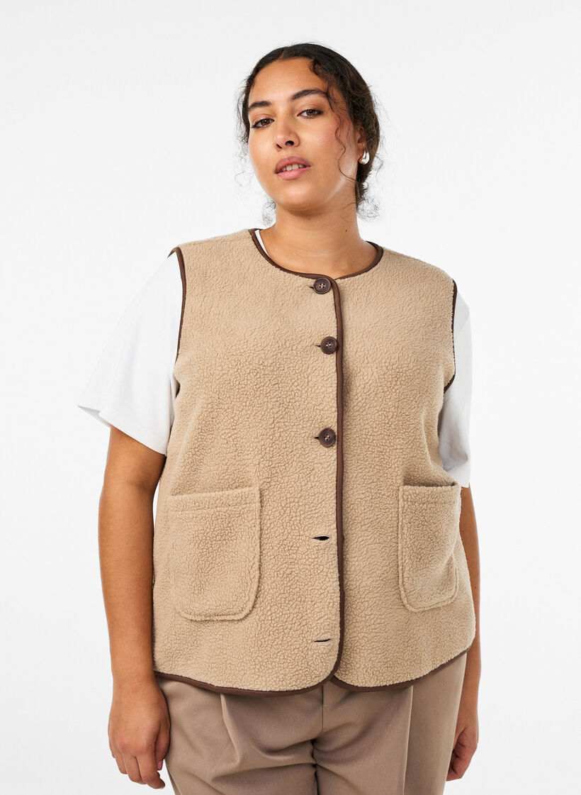 Bezrekawnik z polaru Teddy z kontrastowymi wykonczeniami, Beżowy, Model image number 0