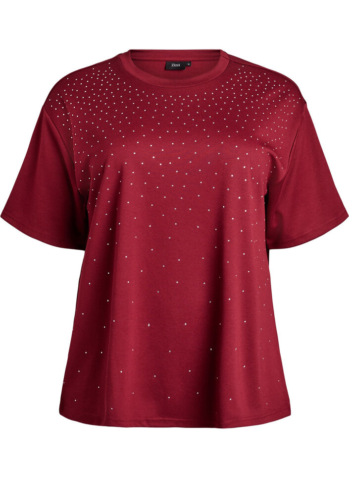 T-shirt z krysztalkami i okraglym dekoltem, Ciemnobordowy, Packshot image number 0