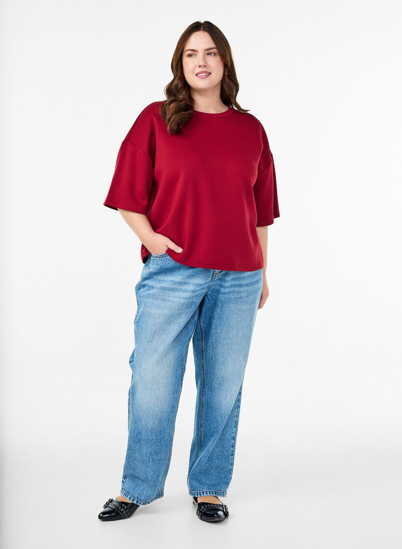 Krótka luzna koszulka z mieszanki materialów z modalem, Czerwony, Model image number 1