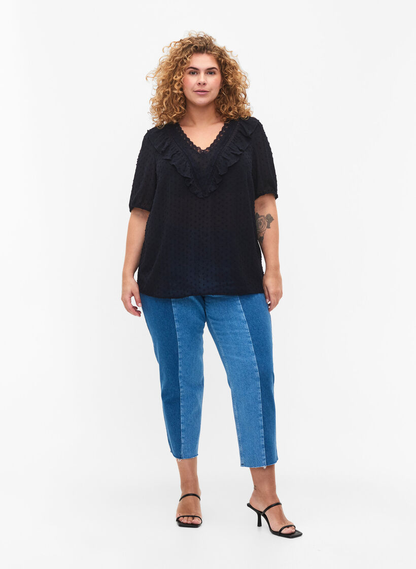 Bluzka z krótkimi rekawami i struktura w kropki, Night Sky, Model image number 2