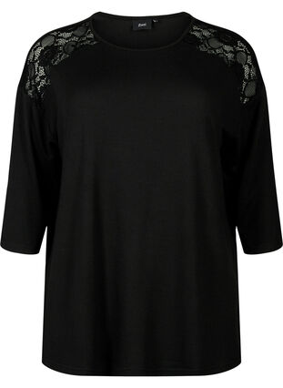 Bluzka z rekawami 3/4 i koronkowym detalem, Black, Packshot image number 0