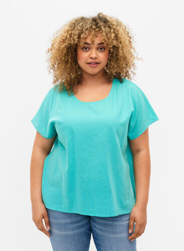 Bluzka z krótkim rekawem z mieszanki bawelny z lnem, Turquoise, Model image number 0