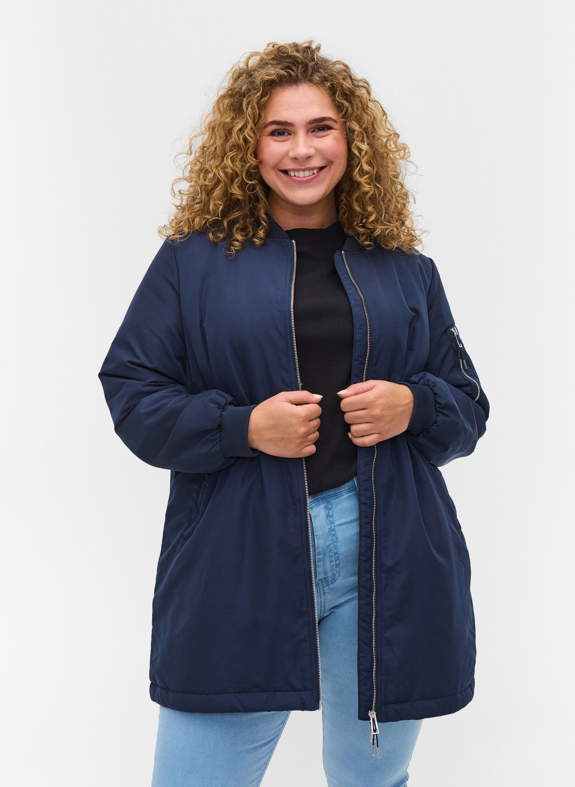 Zizzi Long bomber jacket with pockets, Navy Blazer, Model image number 0