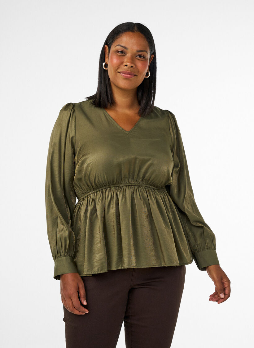 Blyszczaca bluzka z wiskozy z efektem peplum, Zielony, Model image number 0