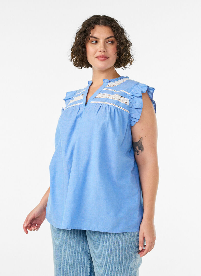 Bawelniana bluzka bez rekaw&oacute;w z falbanka, Niebieskie, Model image number 0