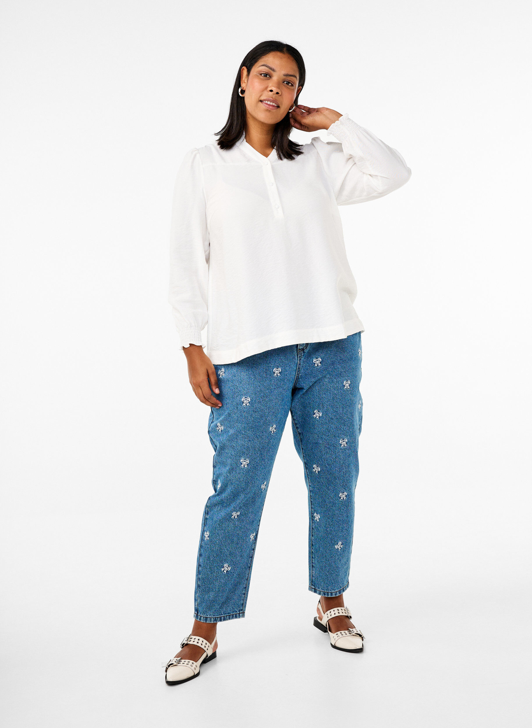 Zizzi Bluzka z marszczonym kolnierzem, Biały, Model image number 1