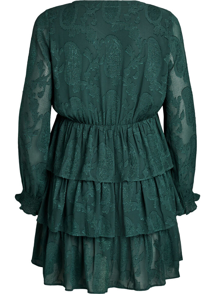 Krótka sukienka z falbankami i fakturowanym wzorem, Zielony, Packshot image number 1