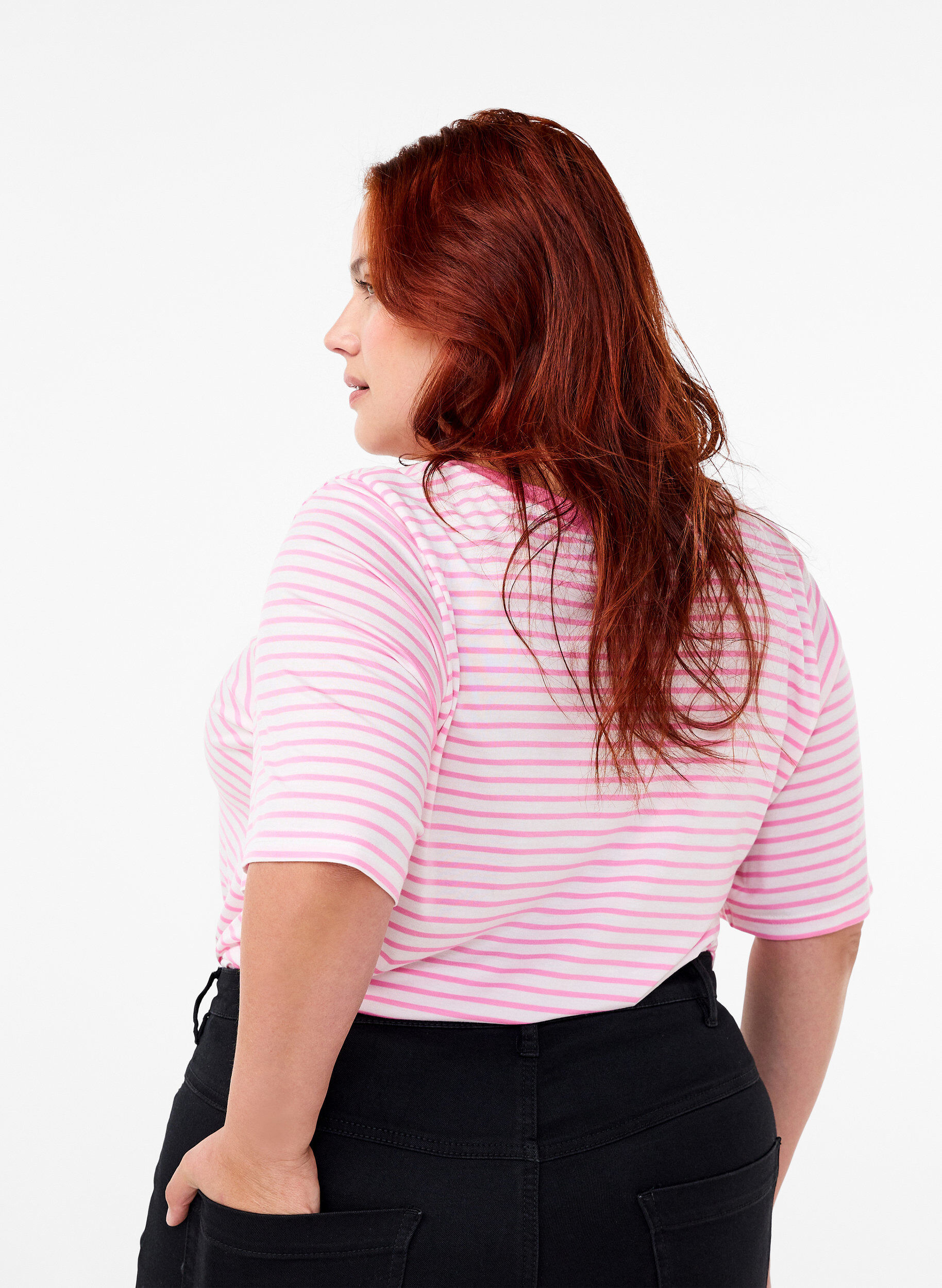 Zizzi T-shirt w paski z lyocellu z okraglym dekoltem, Czerwony, Model image number 2