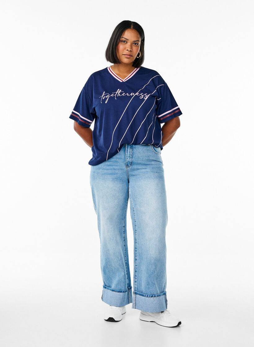 Sportowa koszulka z paskami i motywem tekstowym, Niebieskie, Model image number 1