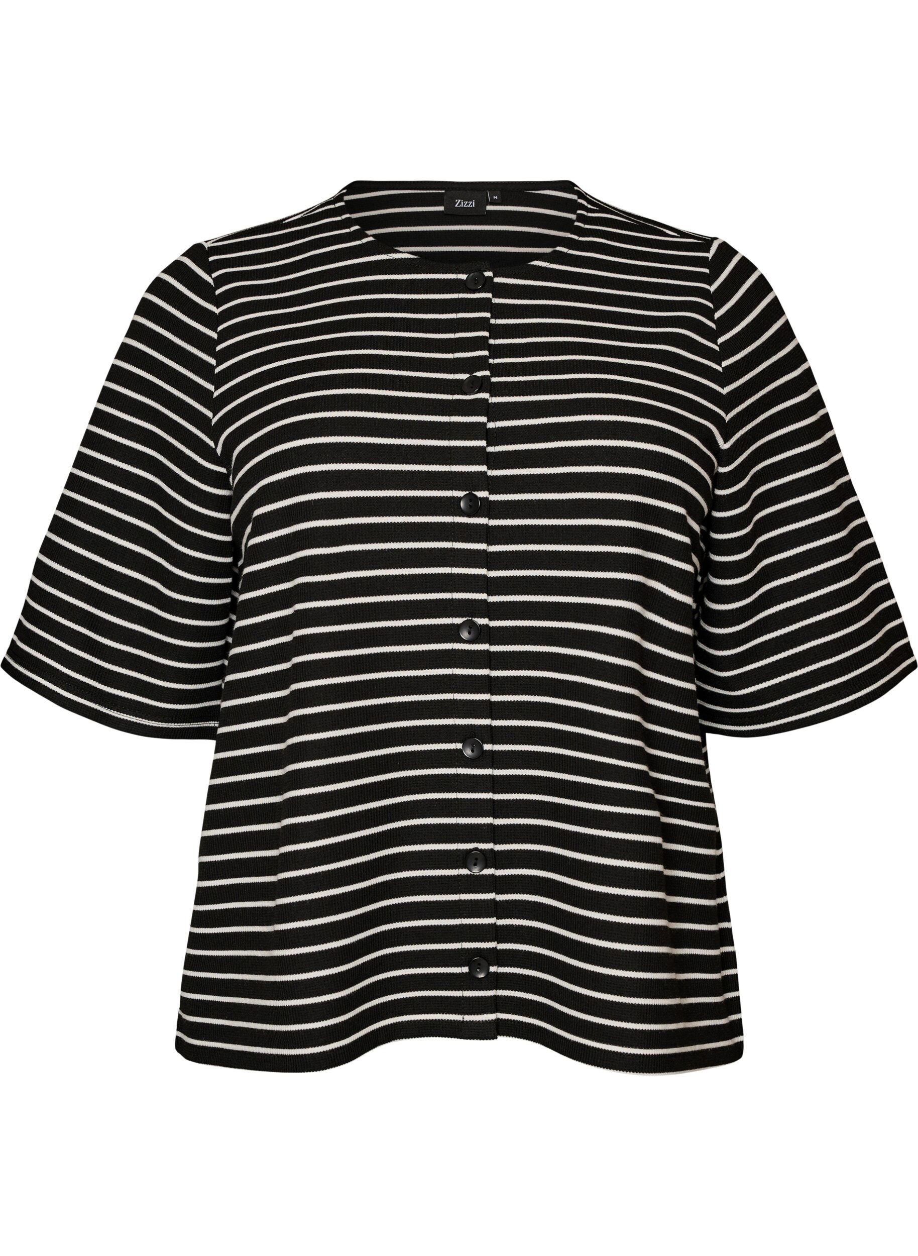 ZizziBluzka z prazkowana faktura i zapieciem na guziki, Czarne, Packshot image number 0