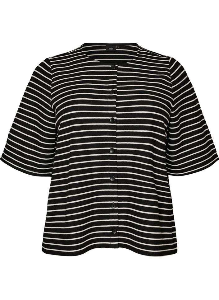 Bluzka z prazkowana faktura i zapieciem na guziki, Czarne, Packshot image number 0