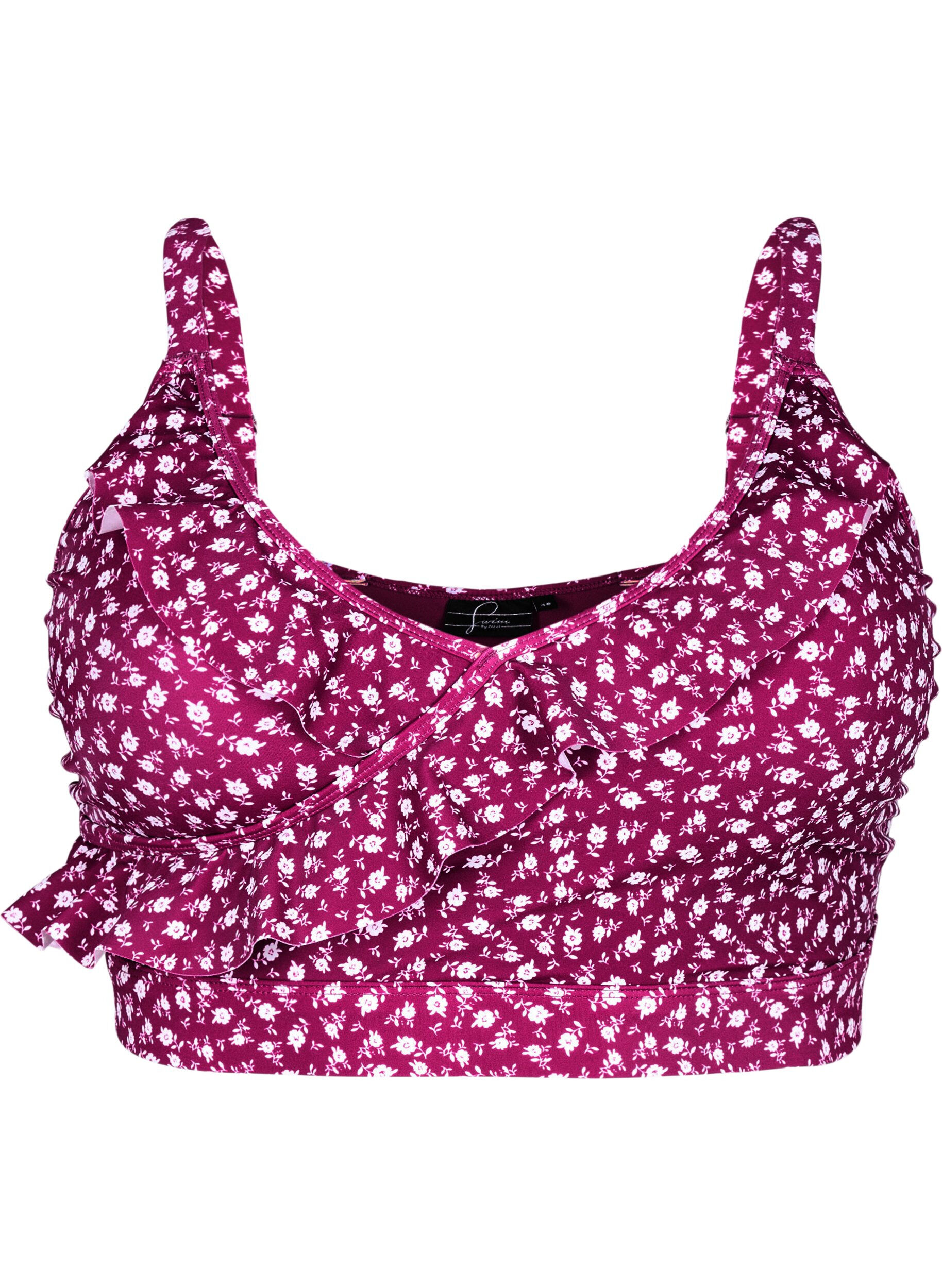 ZizziKwiatowy stanik bikini z falbankami, Czerwony, Packshot image number 0