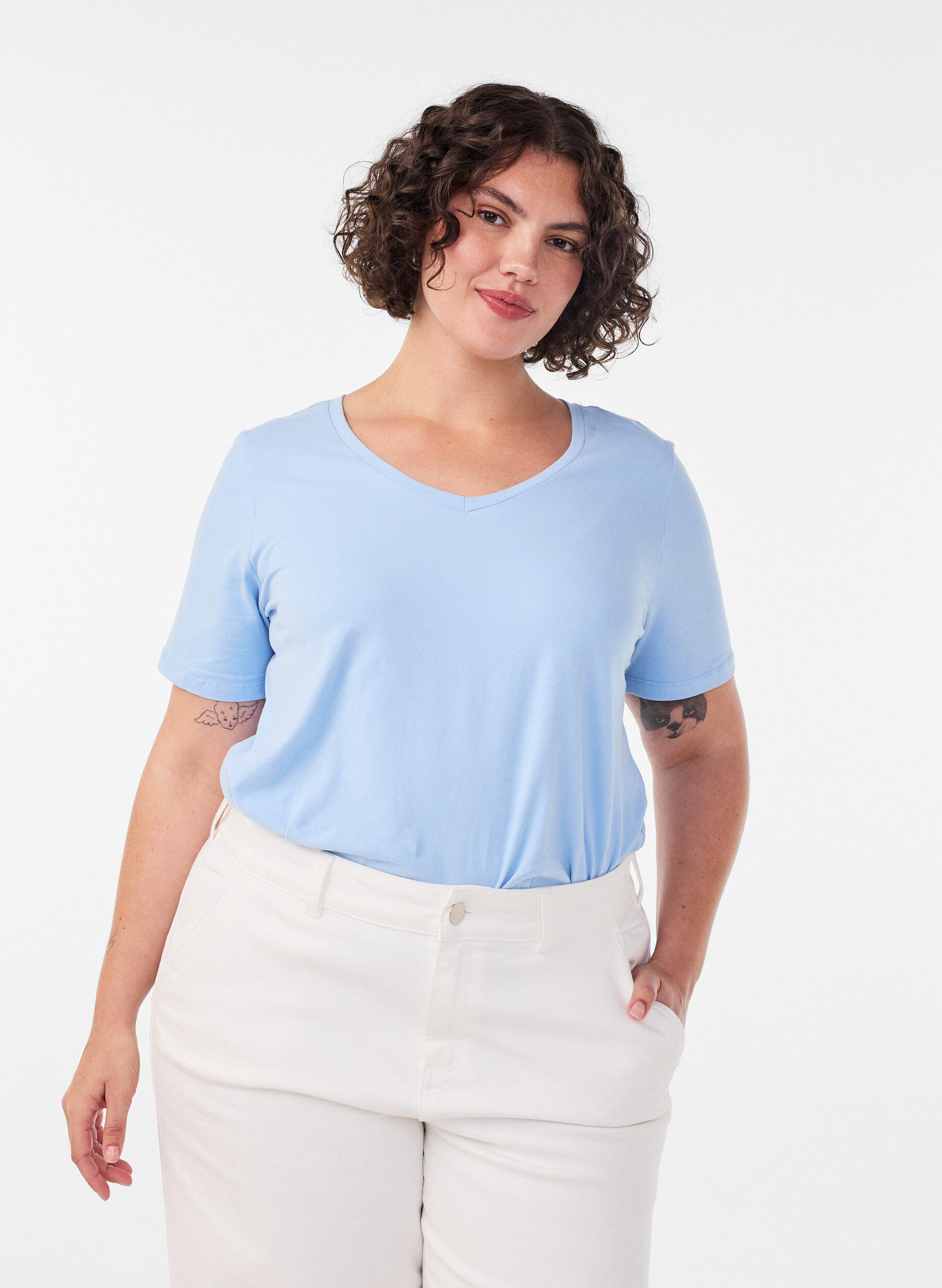 Podstawowa, gladka bawelniana koszulka, Niebieskie, Model