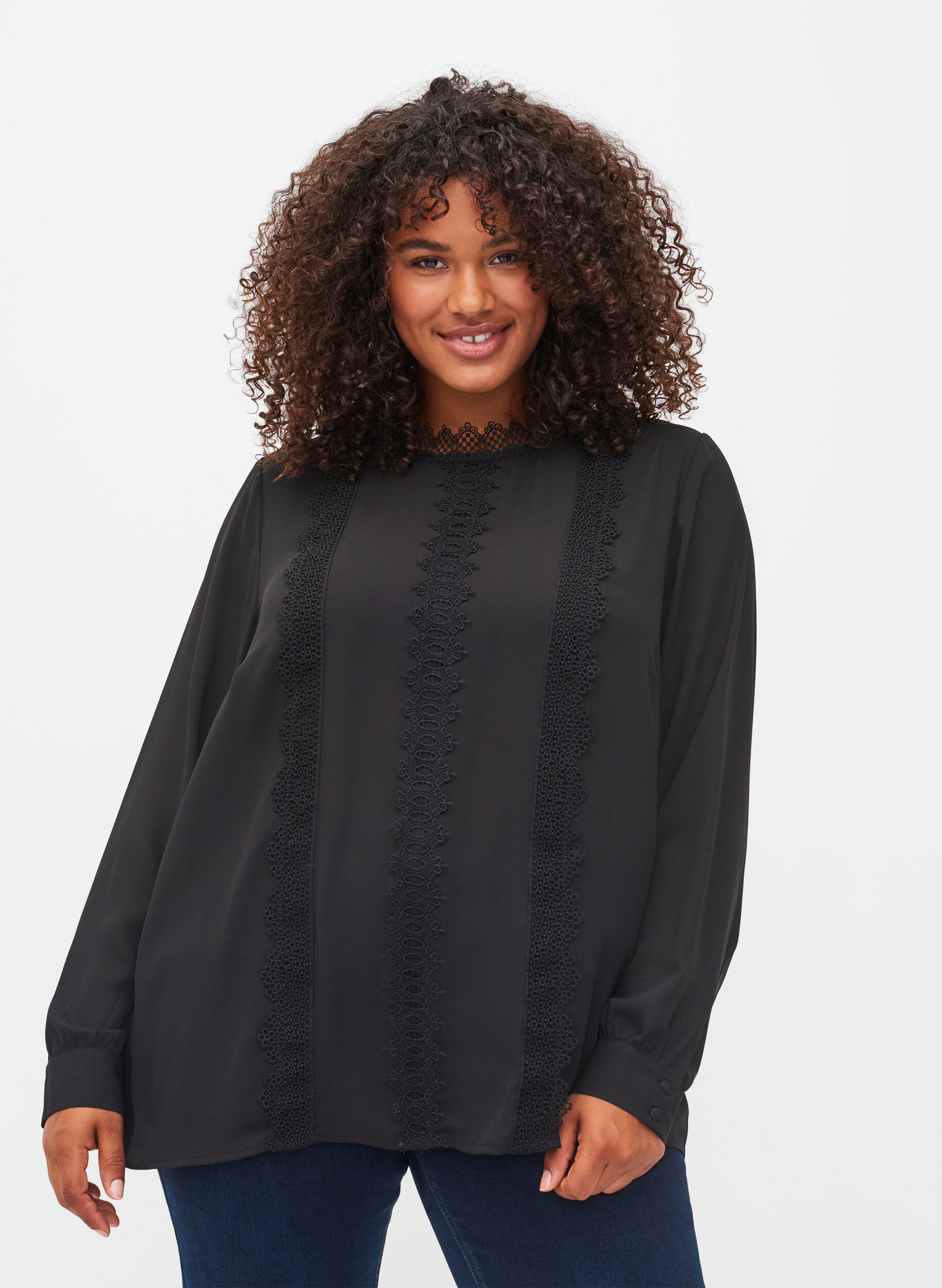 Zizzi Long sleeved top with lace, Black, Model image number 0