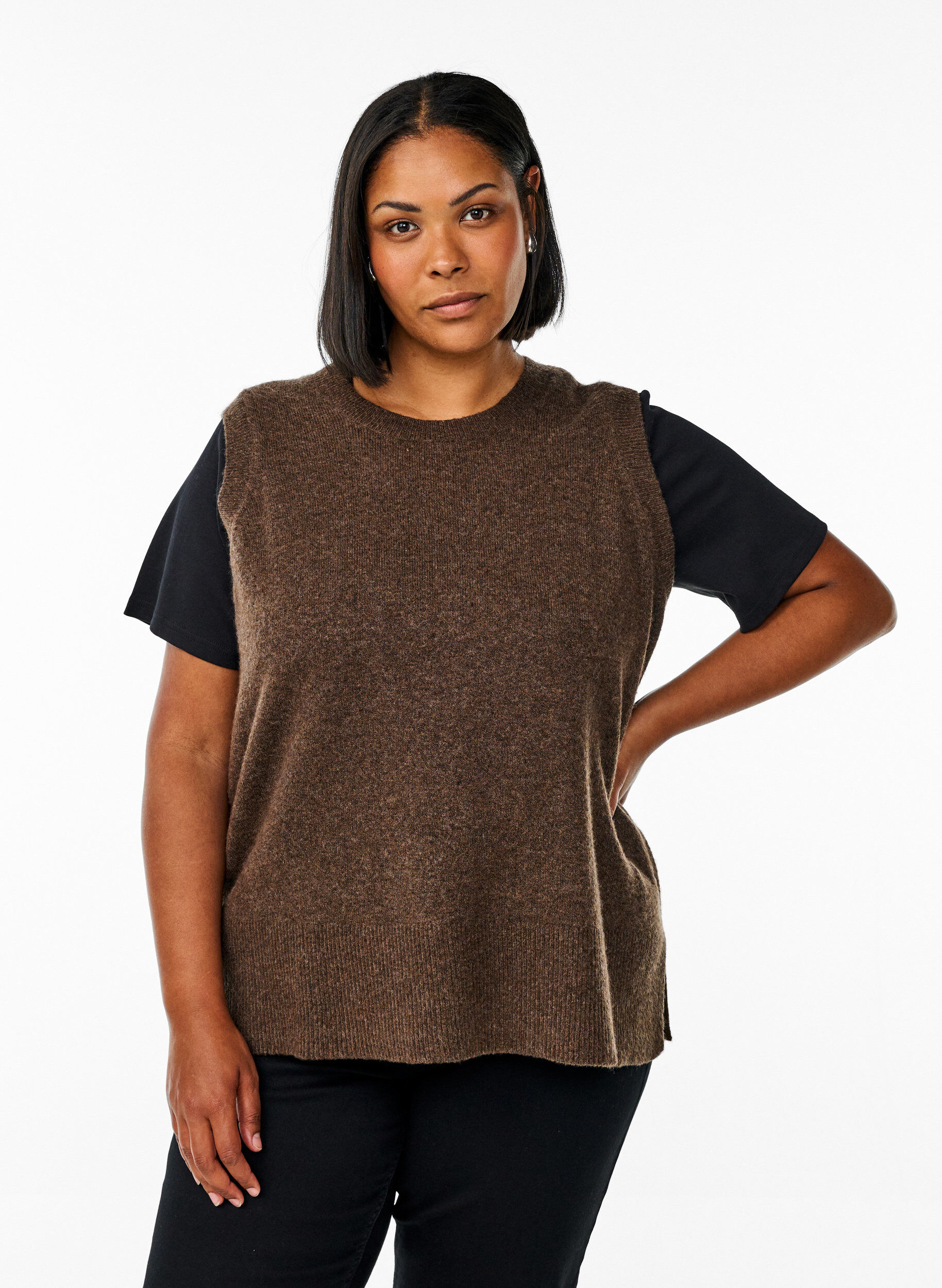 Zizzi Dzianinowy bezrekawnik ze sciagaczem na brzegach, Zielony, Model image number 0