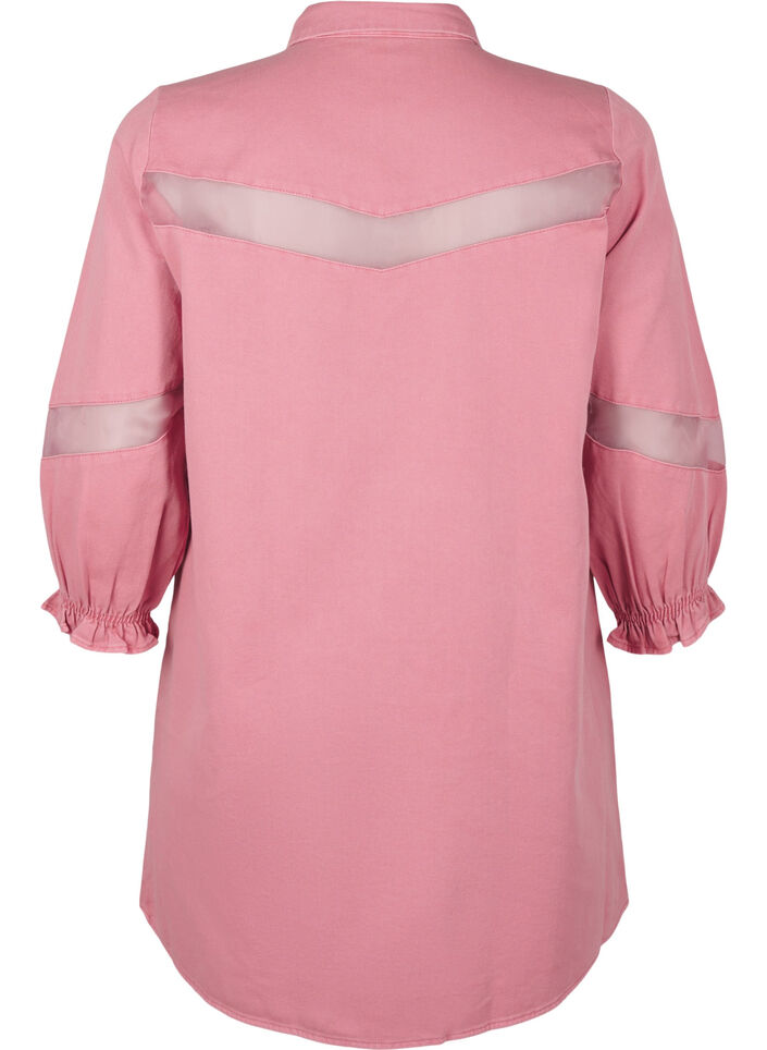 Kolorowa dzinsowa sukienka koszulowa z detalami z siateczki, Heather Rose, Packshot image number 1