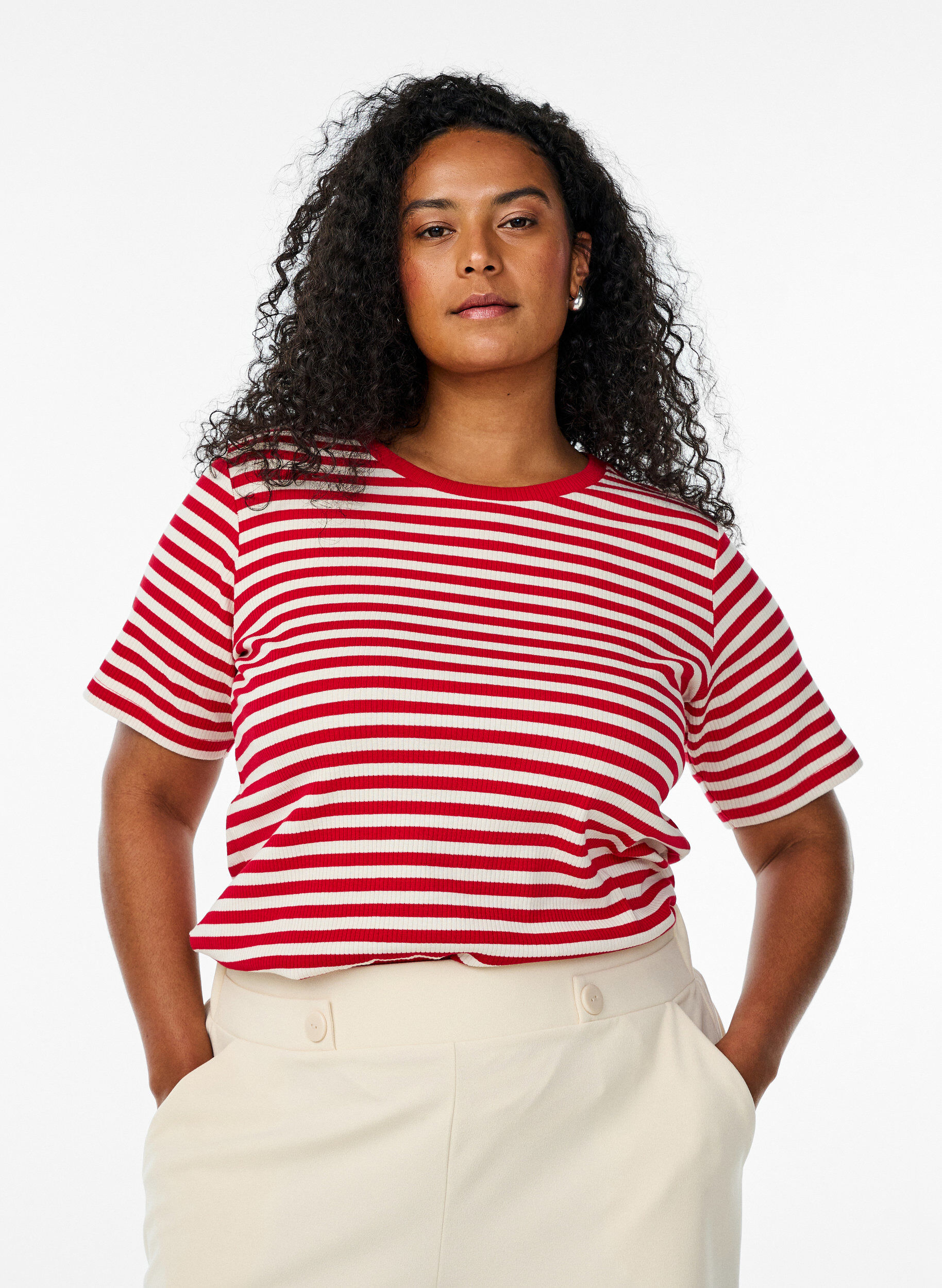 ZizziT-shirt w paski o prazkowanej fakturze, Czerwony, Model image number 0
