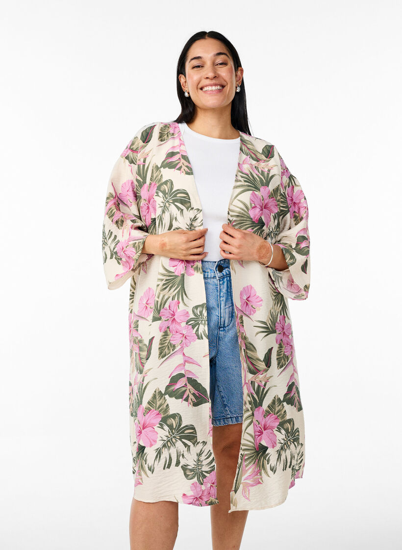 Kimono z wiskozy z rekawami 3/4, Biały, Model image number 0