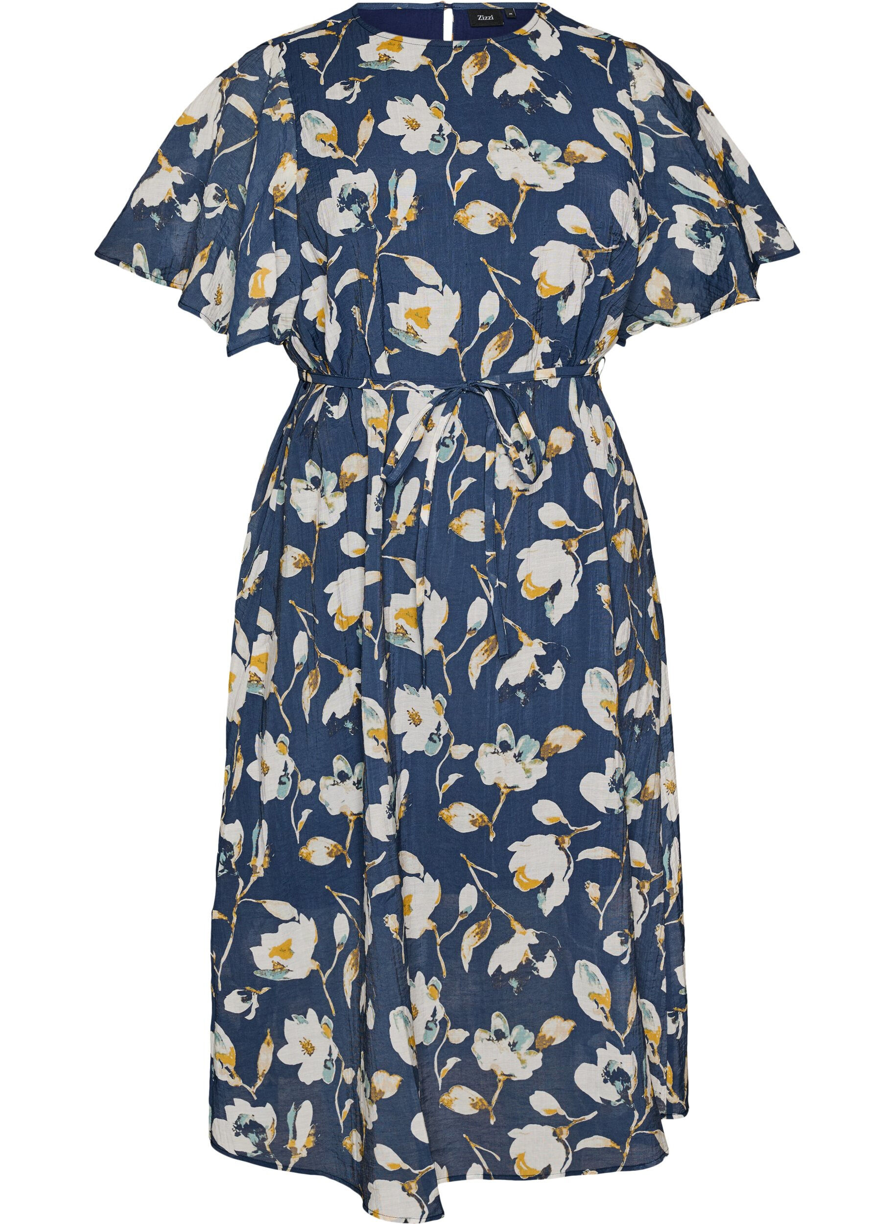 ZizziSukienka do kostek z falujacymi rekawami i paskiem w talii, Niebieskie, Packshot image number 0