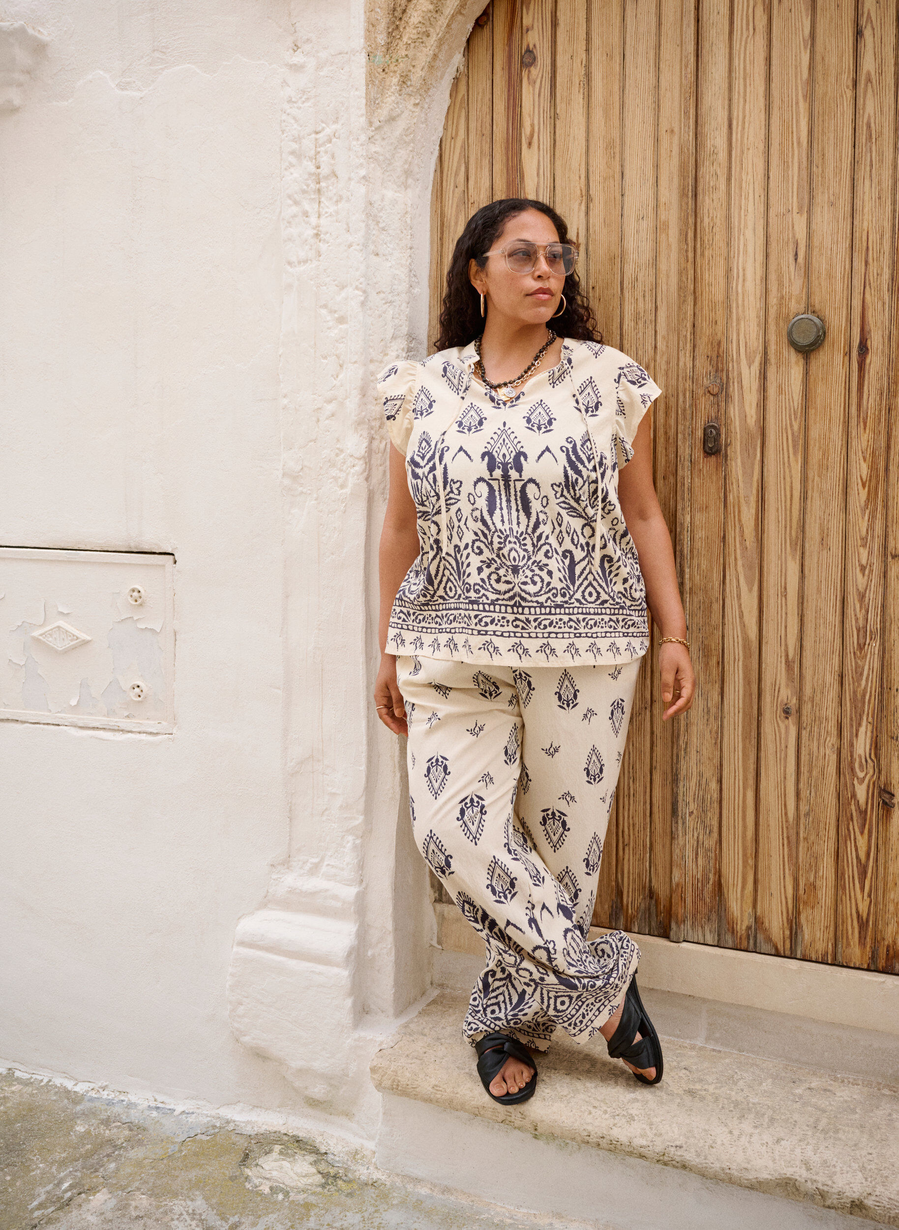 Zizzi Luzne spodnie z nadrukiem i wysokim stanem, Beżowy, Image image number 0