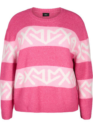 Dzianinowy sweter w paski z graficznym wzorem, Raspberry Rose Comb, Packshot image number 0