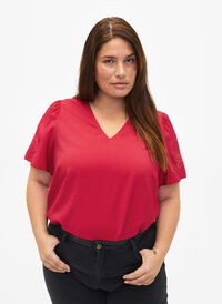 Bluzka z wiskozy z krótkim rekawem i haftem, Tango Red, Model