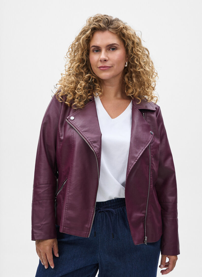 Kurtka motocyklowa ze sztucznej sk&oacute;ry, Ciemnobordowy, Model image number 0